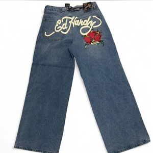 Ed Hardy Blue Wide Leg Jeans with Red Heart Graphic